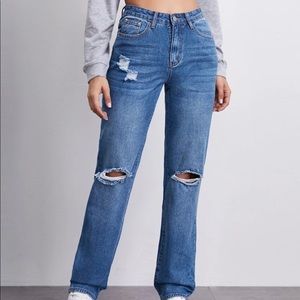 Bleach Wash High waisted ripped straight jeans